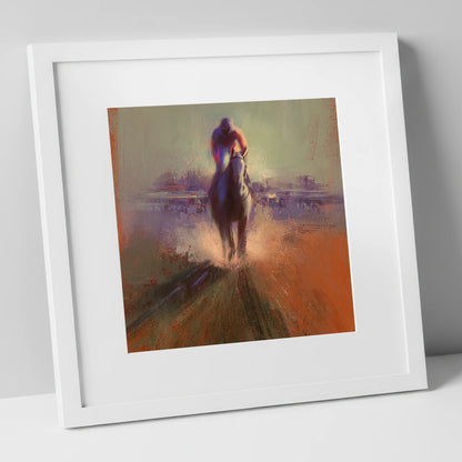 The Final Furlong racing horse art print in white frame