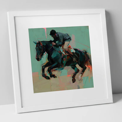 Modern Showjumper show jumping horse art print in white frame