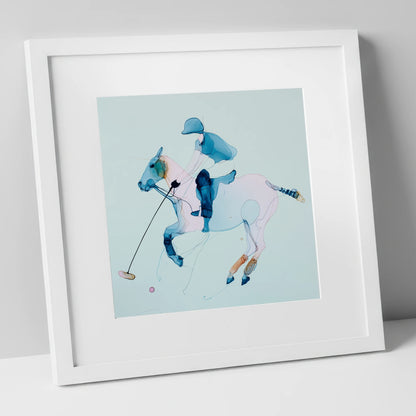 Ethereal Polo Strike polo horse art print in white frame