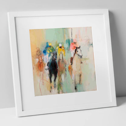 Thundering Silhouettes racing horse art print in white frame