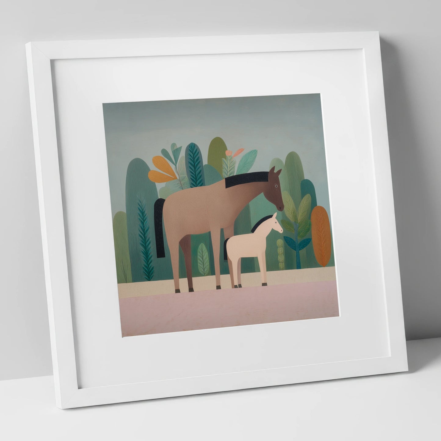 Tranquil Grove mare & foal art print in white frame