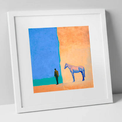 Between Blue and Sand horse & rider art print in white frame