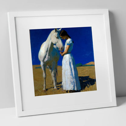 Sunlit Serenity horse & rider art print in white frame