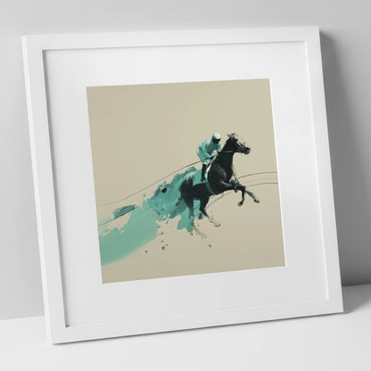 Velocity In Teal racing horse art print in white frame