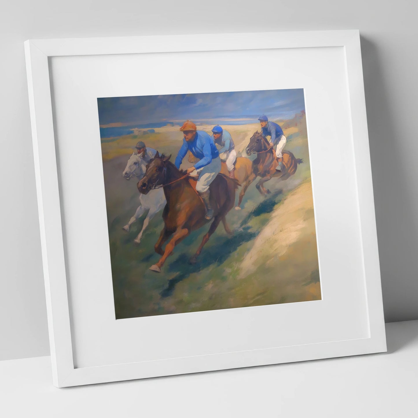 The Classic Chase racing horse art print in white frame