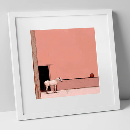 Rose Courtyard Stillness horse stable art print in white frame