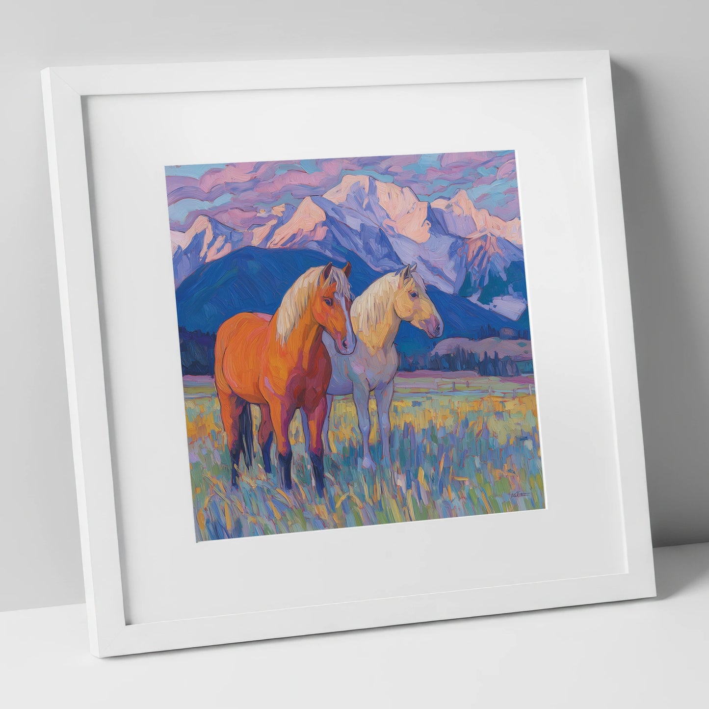 Painted Mountain Pasture horse landscape art print in white frame