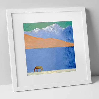 Alpine Solitude horse landscape art print in white frame