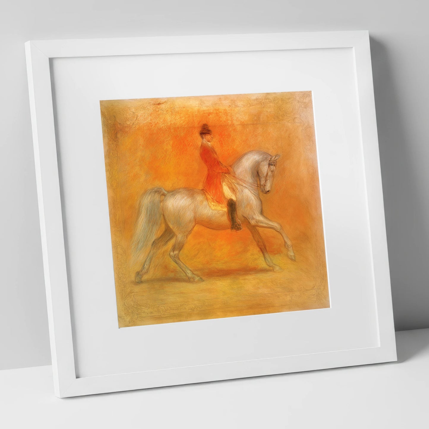 Radiant Classical Passage dressage horse art print in white frame