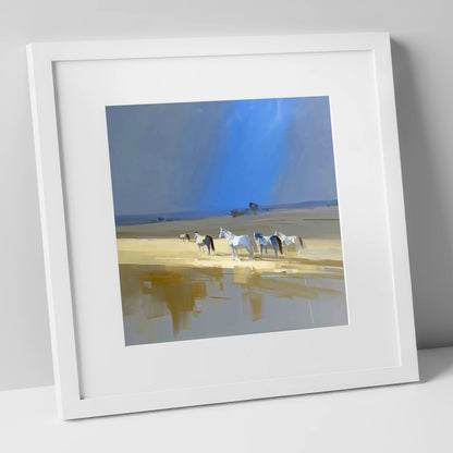 Sunlit Shallows horse landscape art print in white frame