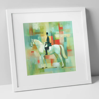 Structured Elegance dressage horse art print in white frame