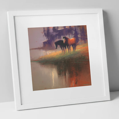 Waterside Reflections wild horses art print in white frame
