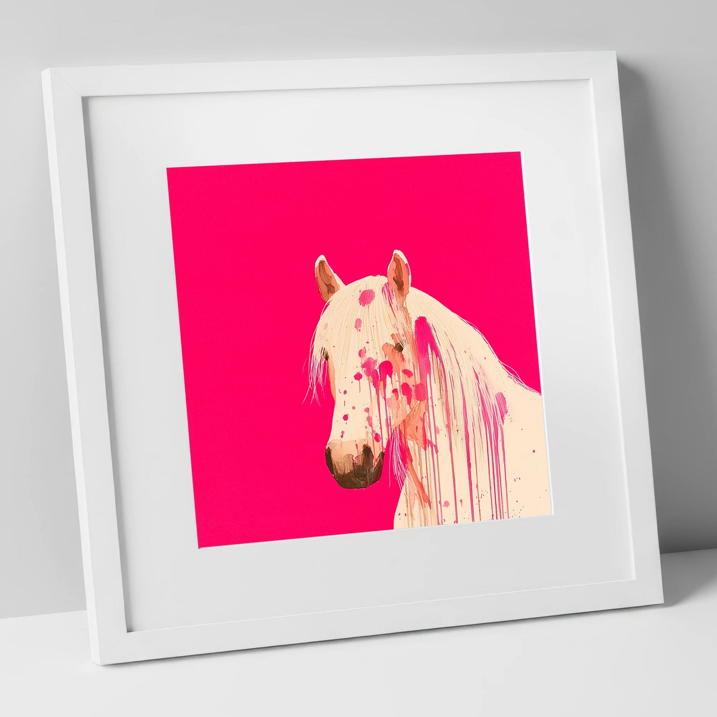 Modern Magenta Equine horse portrait art print in white frame