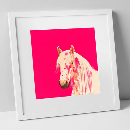 Modern Magenta Equine horse portrait art print in white frame