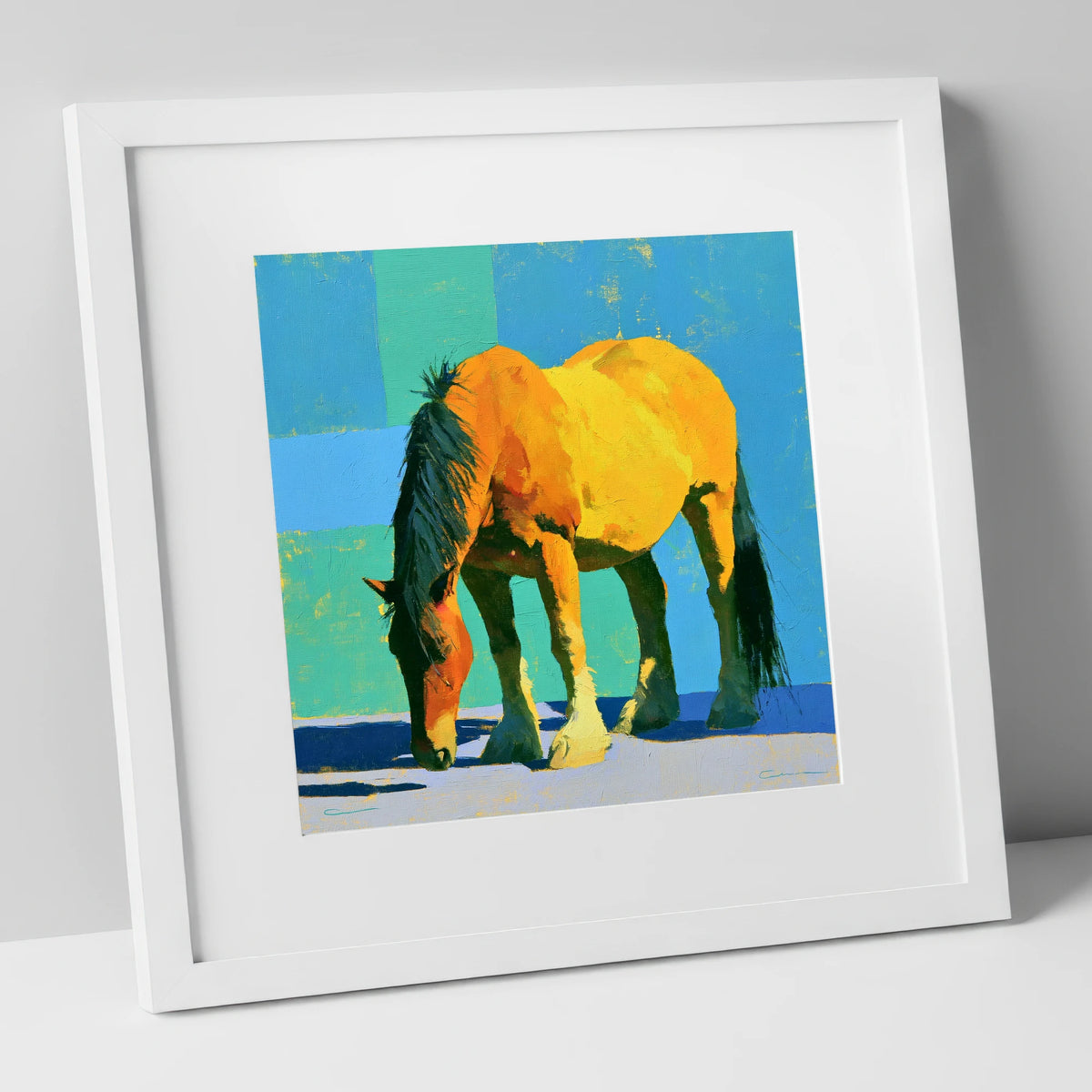 Vibrant Yellow Grazing Cob horse breed art print in white frame