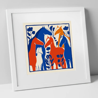 Vibrant Graphic Herd wild horses art print in white frame