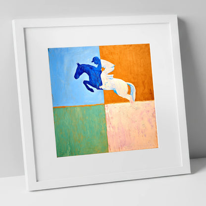 Abstract Cobalt Leap show jumping horse art print in white frame