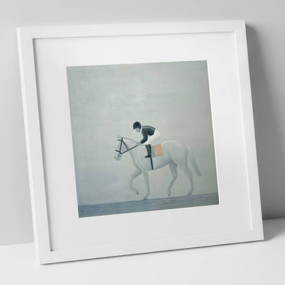 The Quiet Contender racing horse art print in white frame