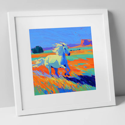 Vibrant Desert Canter wild horses art print in white frame