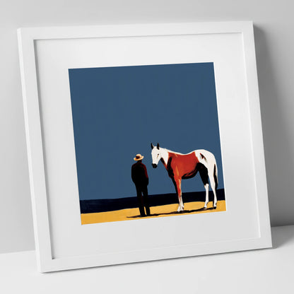 The Quiet Horizon horse & rider art print in white frame