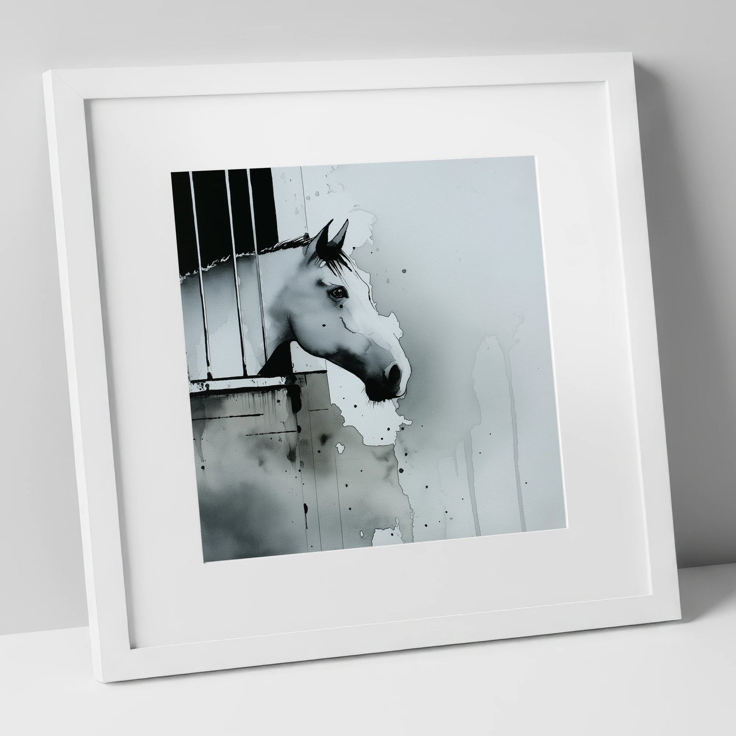 The Quiet Watcher horse stable art print in white frame