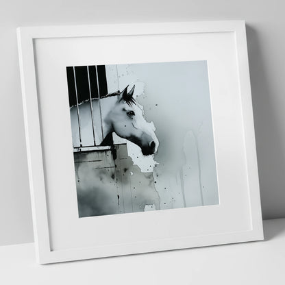 The Quiet Watcher horse stable art print in white frame