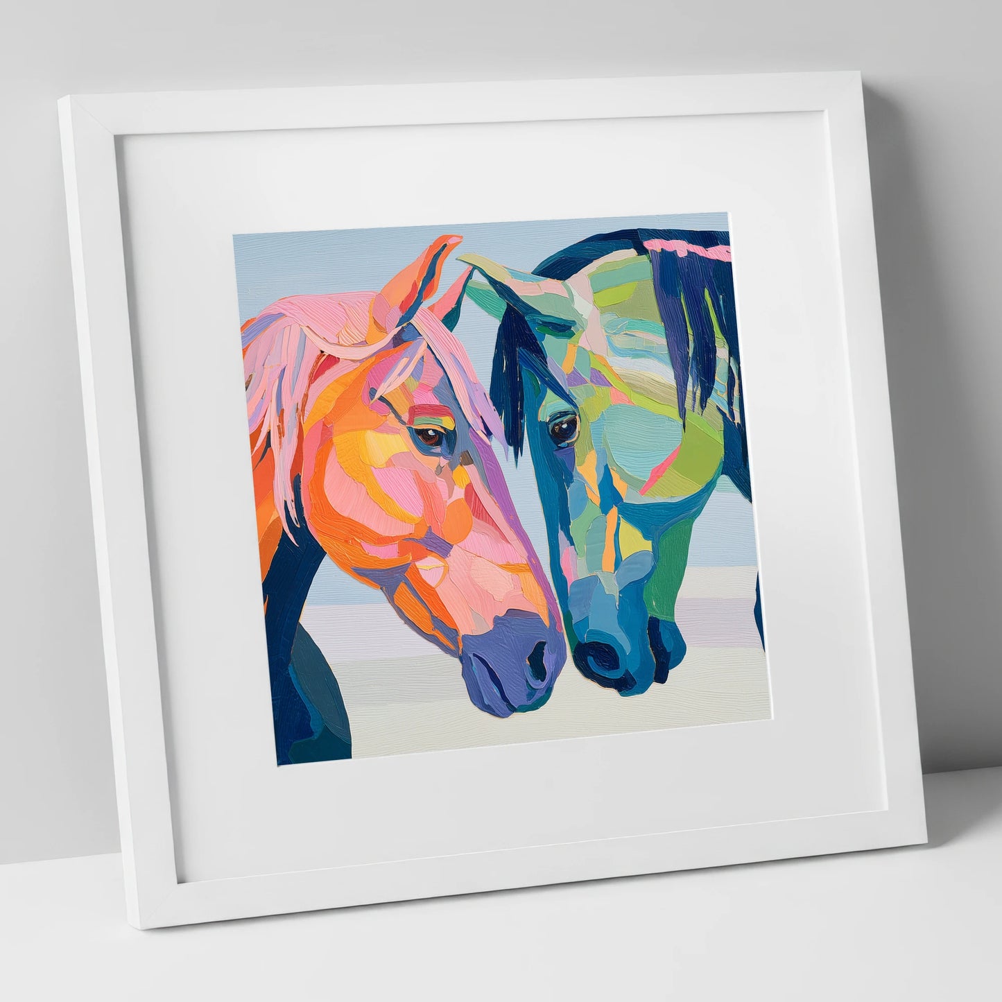 Vibrant Equine Connection horse portrait art print in white frame