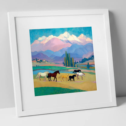 Vibrant Alpine Herd horse landscape art print in white frame