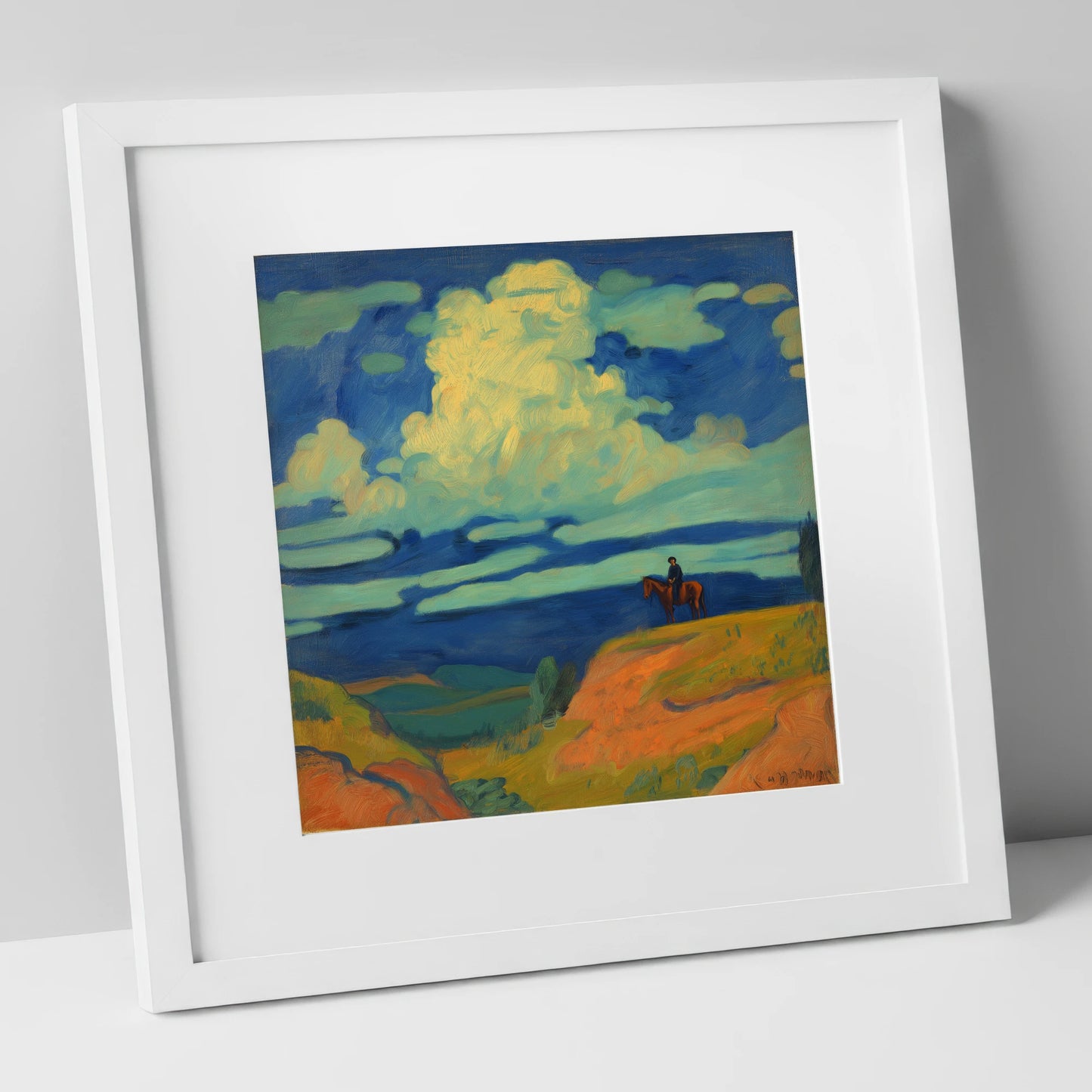 Beneath Billowing Skies horse landscape art print in white frame
