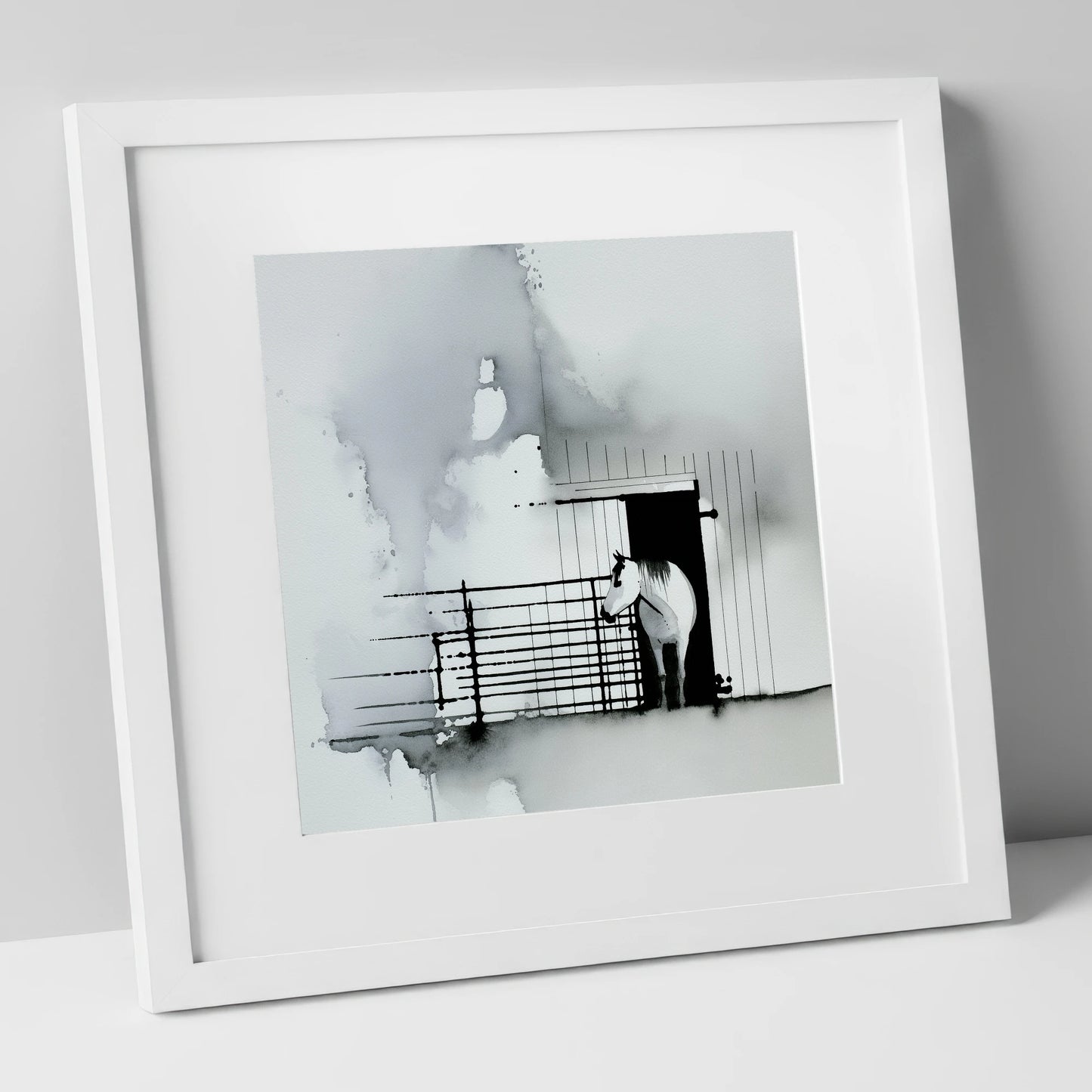 Dawn at the Stable horse stable art print in white frame