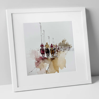 The Final Furlong racing horse art print in white frame