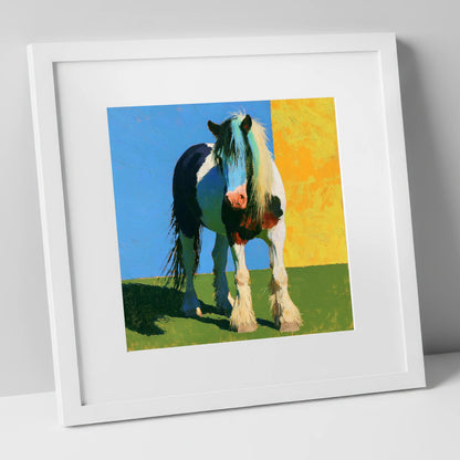 Piebald Cob in Vibrant Sun horse breed art print in white frame