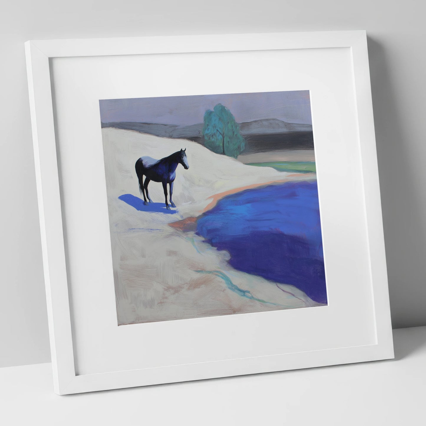 Blue Shore Solitude horse landscape art print in white frame