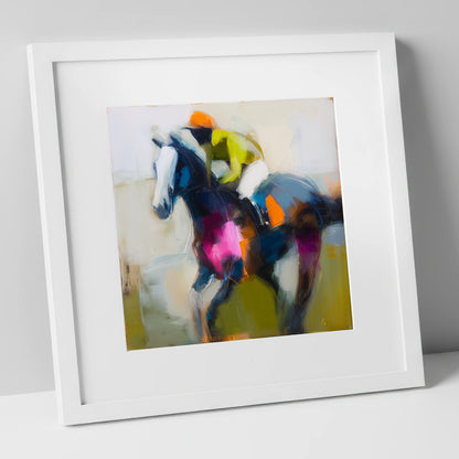 Bold Momentum racing horse art print in white frame