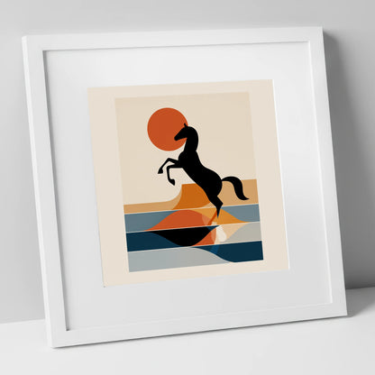 Terracotta Sun Silhouette wild horses art print in white frame