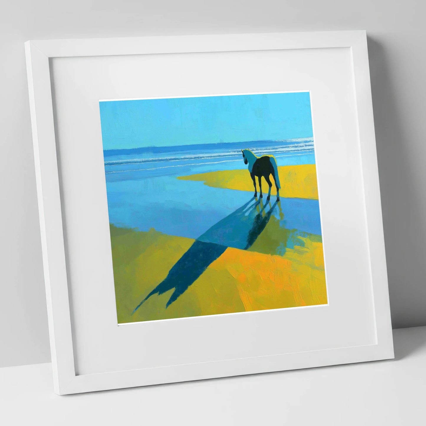 Azure Shoreline Silhouette horse landscape art print in white frame