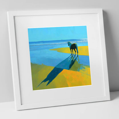 Azure Shoreline Silhouette horse landscape art print in white frame