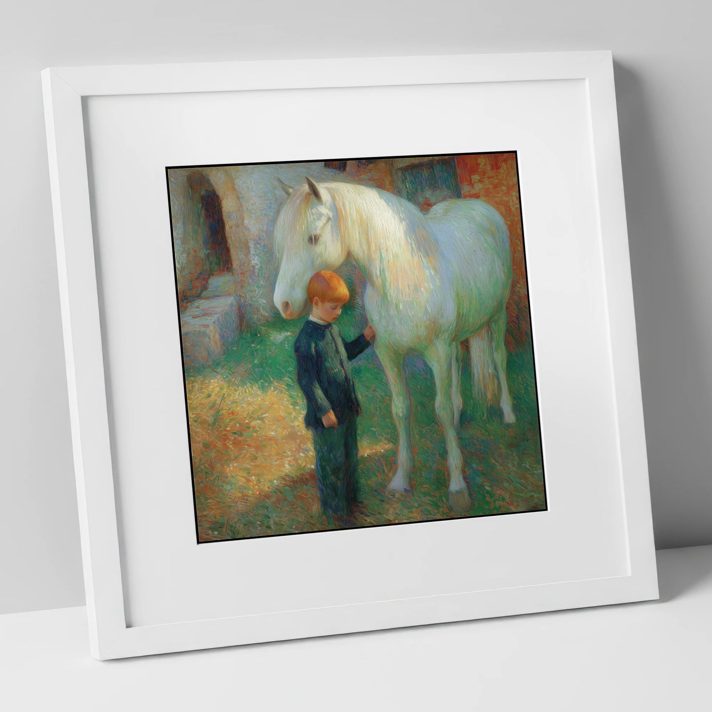 A Quiet Understanding horse & rider art print in white frame