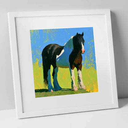 Piebald Cob in Summer Sun horse breed art print in white frame