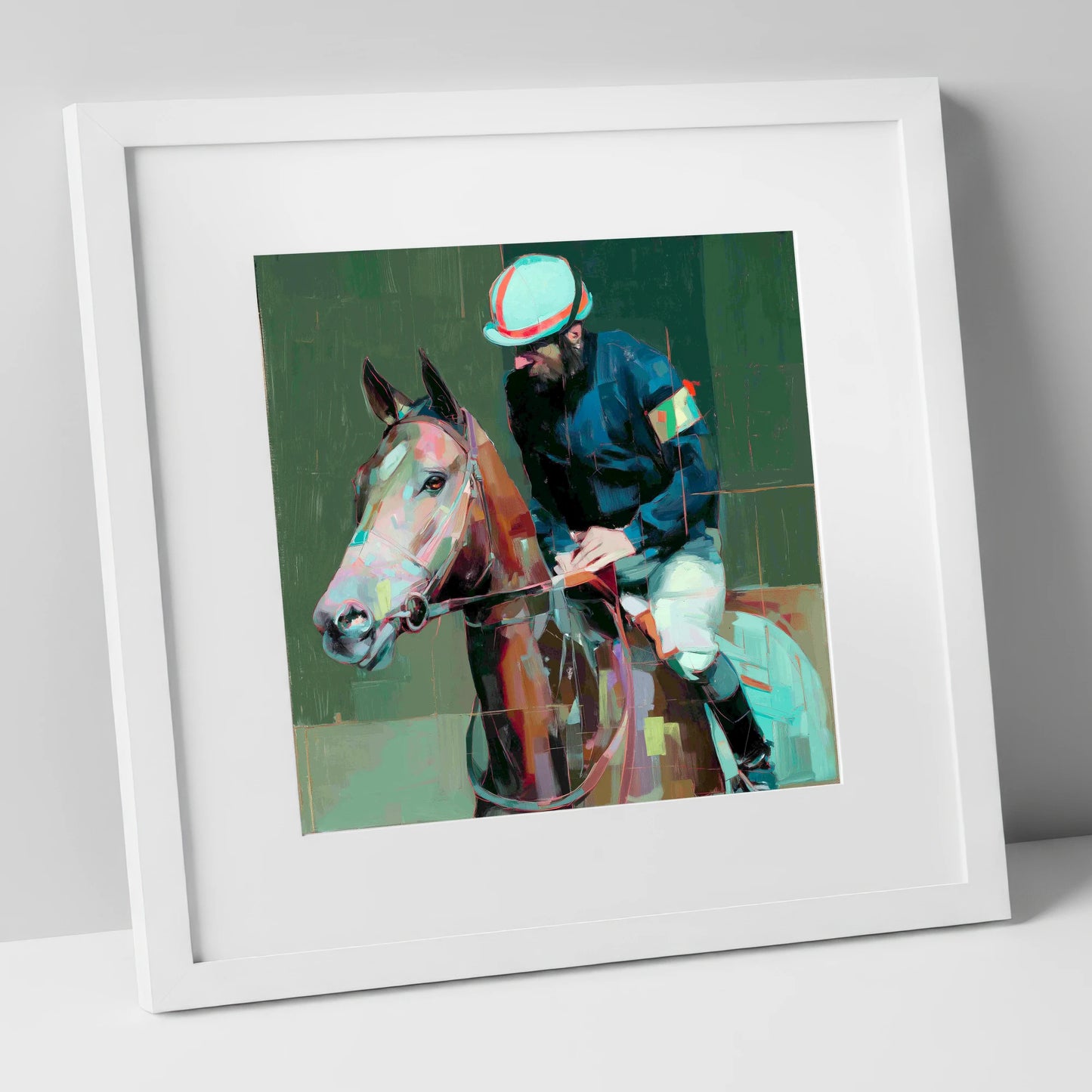 Quiet Intensity racing horse art print in white frame