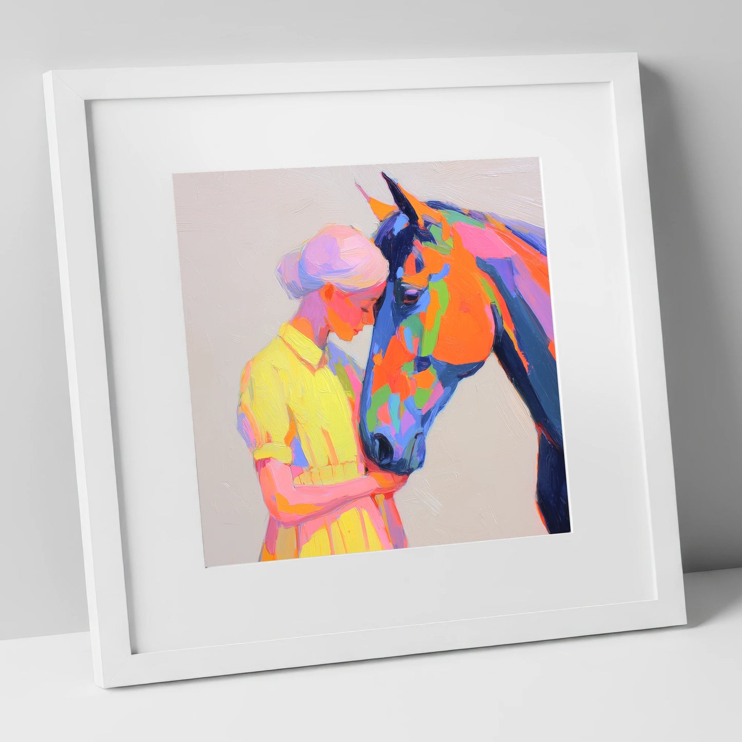 Radiant Connection horse & rider art print in white frame