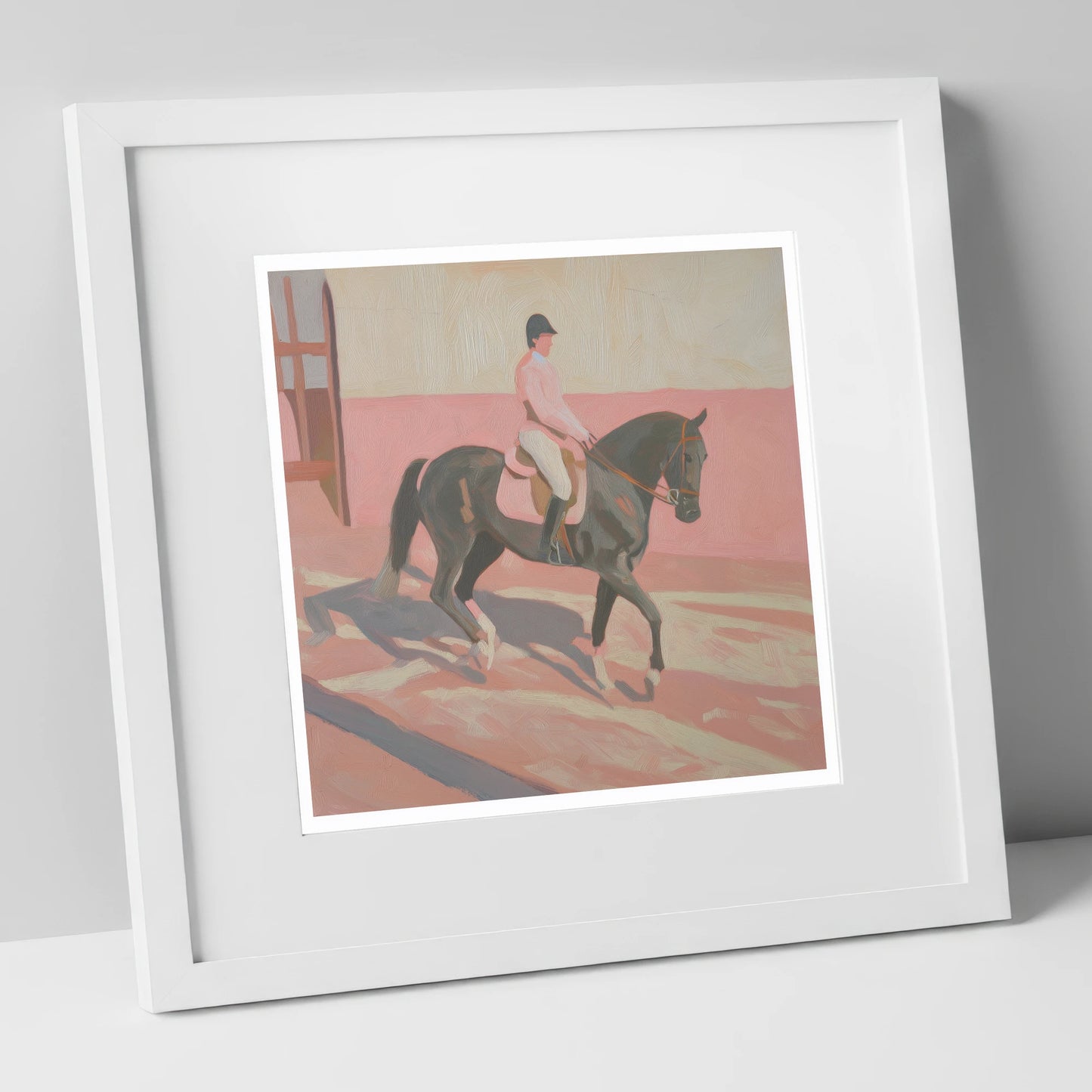 Dusty Pink Shadows dressage horse art print in white frame