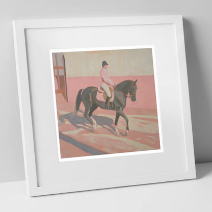 Dusty Pink Shadows dressage horse art print in white frame