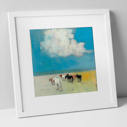 Turquoise Horizon Herd horse landscape art print in white frame