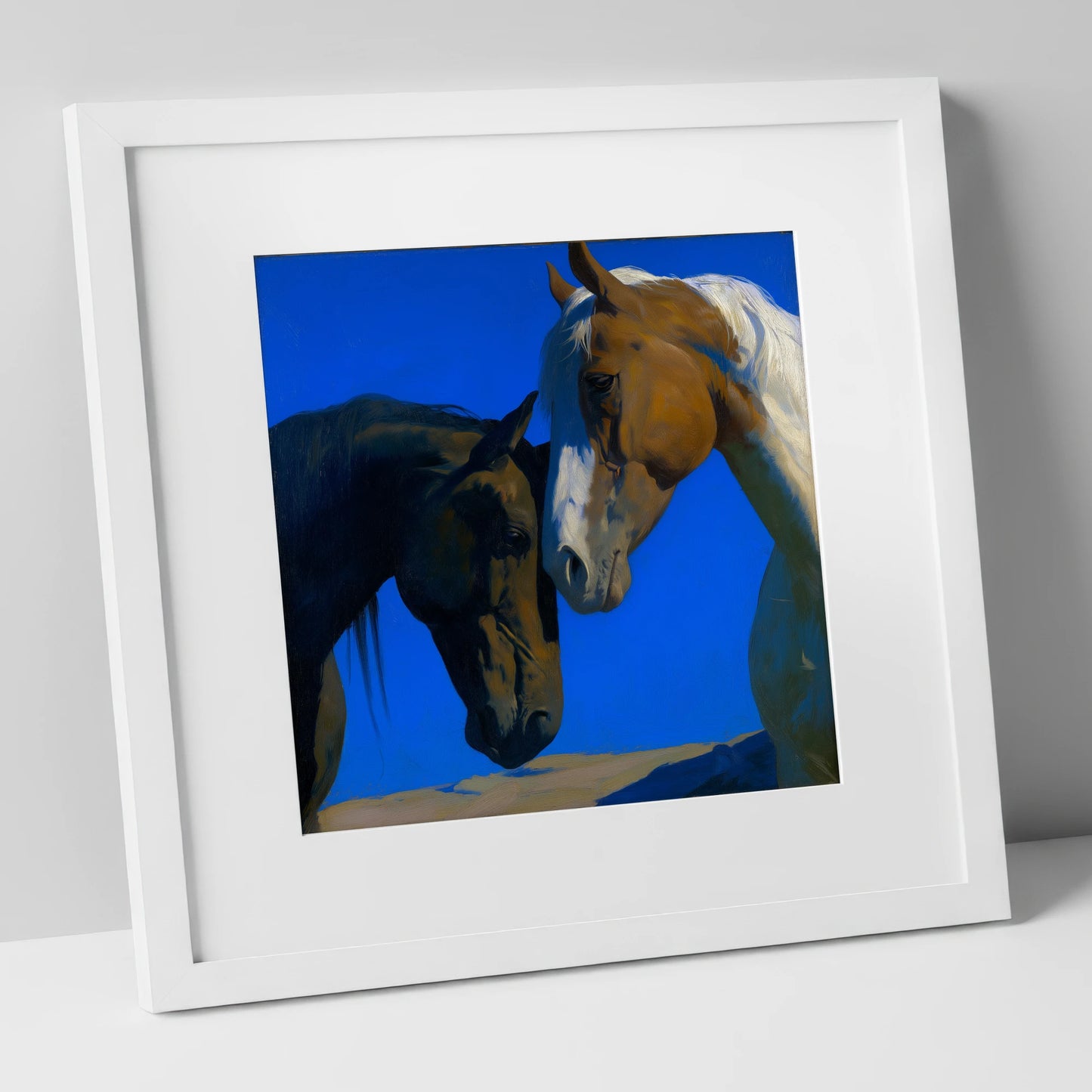 Sunlit Companions horse portrait art print in white frame