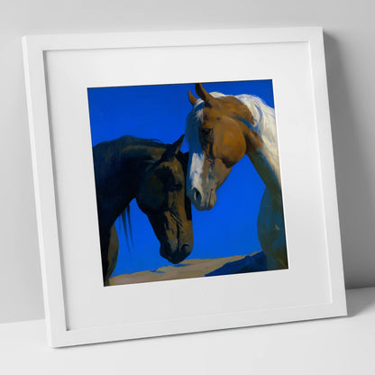 Sunlit Companions horse portrait art print in white frame