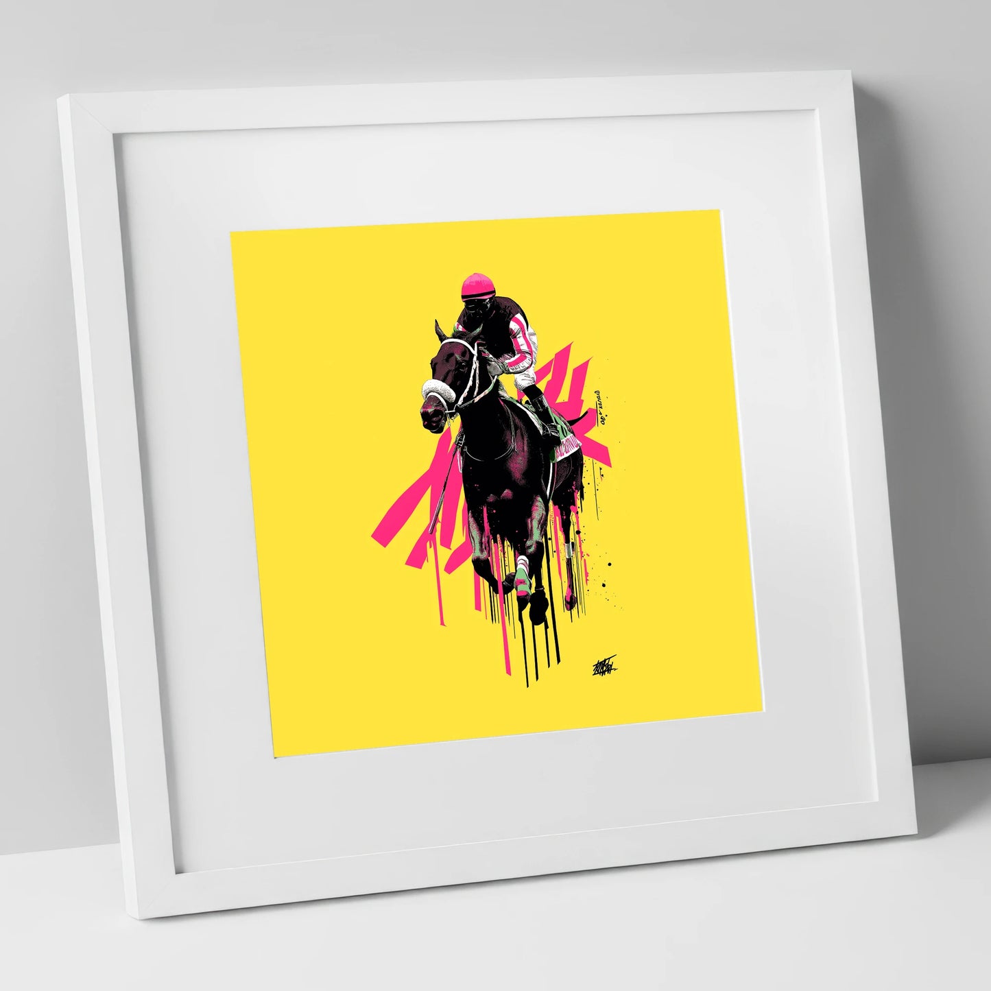 Neon Gallop racing horse art print in white frame