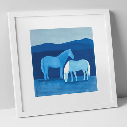 Cobalt Companions horse landscape art print in white frame