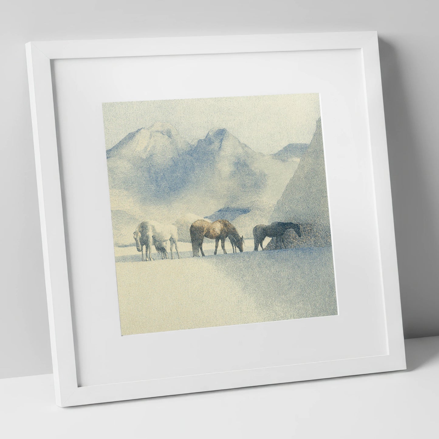 Tranquil Mountain Pasture horse landscape art print in white frame