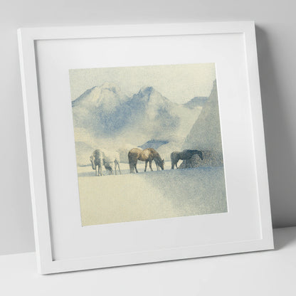 Tranquil Mountain Pasture horse landscape art print in white frame